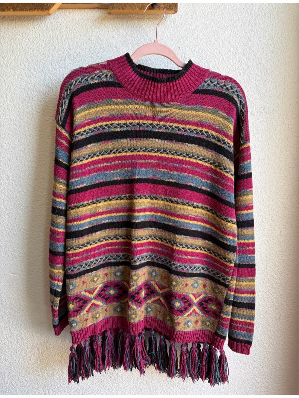 Vintage 90s Lizwear Pink Fringe Trim Southwestern Sweater Small